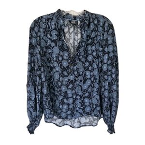 Maeve Anthropologie Womens Colette Peasant Blouse Navy/Light Blue Floral Size M